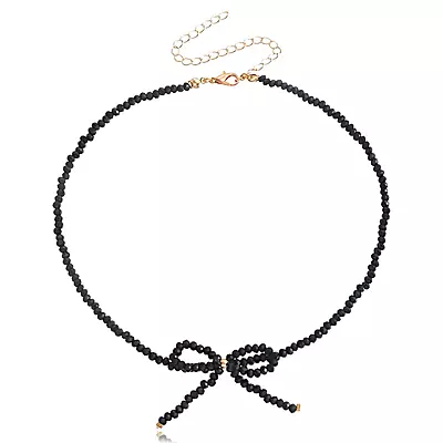 Boho Chic Black Faceted Glass Bead Choker Necklace with Bow Detail