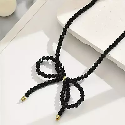 Boho Chic Black Faceted Glass Bead Choker Necklace with Bow Detail