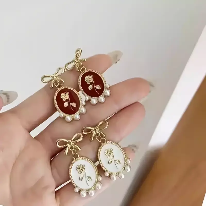 Vintage-Inspired Rose & Bow Clip-On Earrings with Faux Pearls