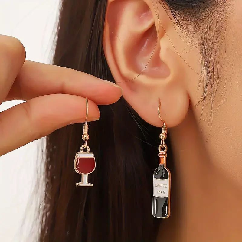 Red Wine Bottle Cup Dangle Drop Earrings
