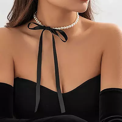 Black Thin Ribbon Bowknot Vintage Necklace