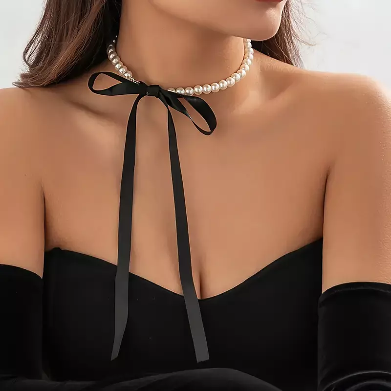 Black Thin Ribbon Bowknot Vintage Necklace