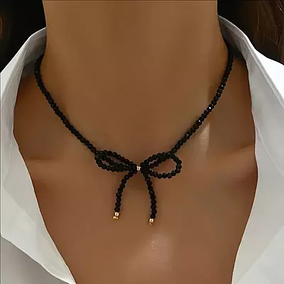 Boho Chic Black Faceted Glass Bead Choker Necklace with Bow Detail